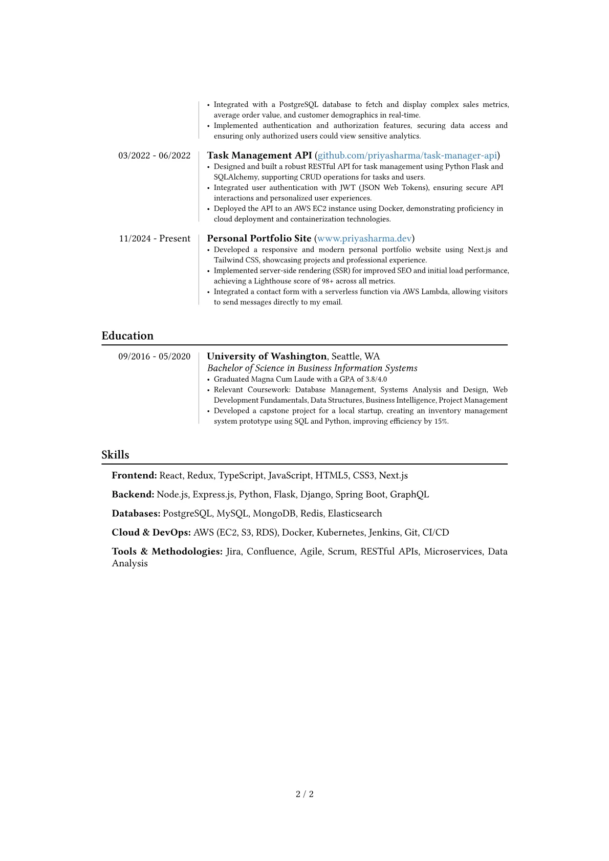 Fullstack Developer resume example, Career changer, page 2