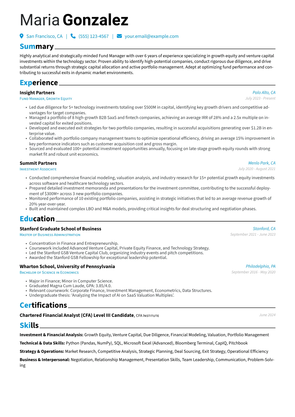 Fund Manager resume example, Fund Manager - Growth, page 1