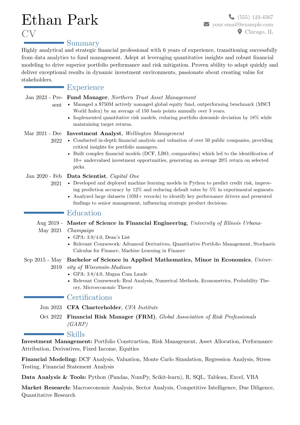 Fund Manager resume example, Career changer, page 1
