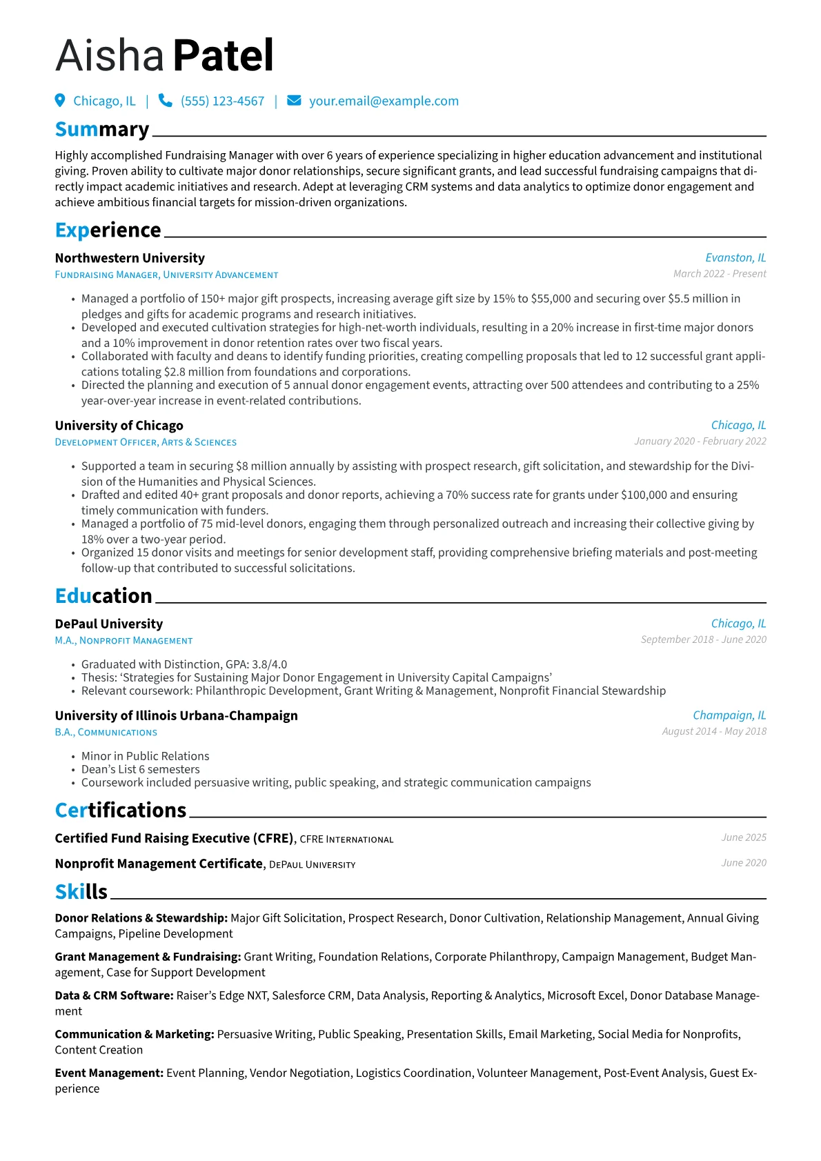 Fundraising Manager resume example, Higher Education, page 1