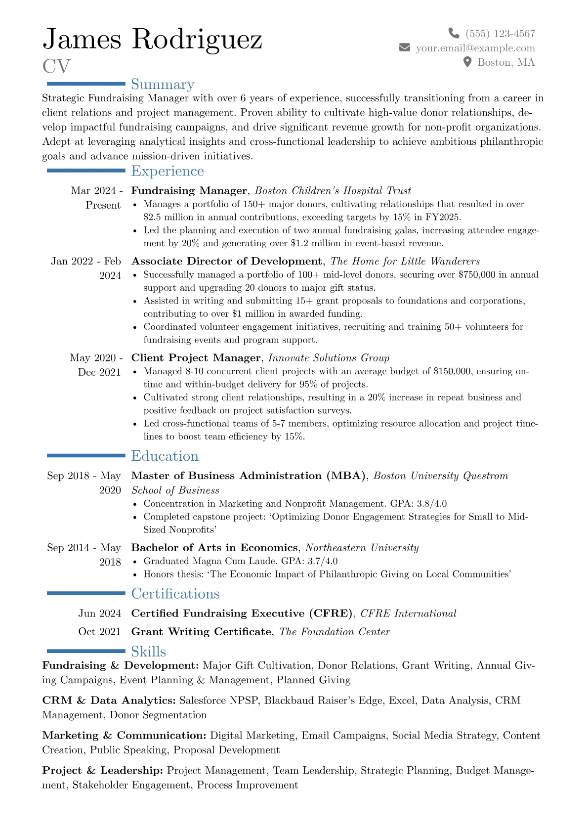 Fundraising Manager resume example, Career changer, page 1