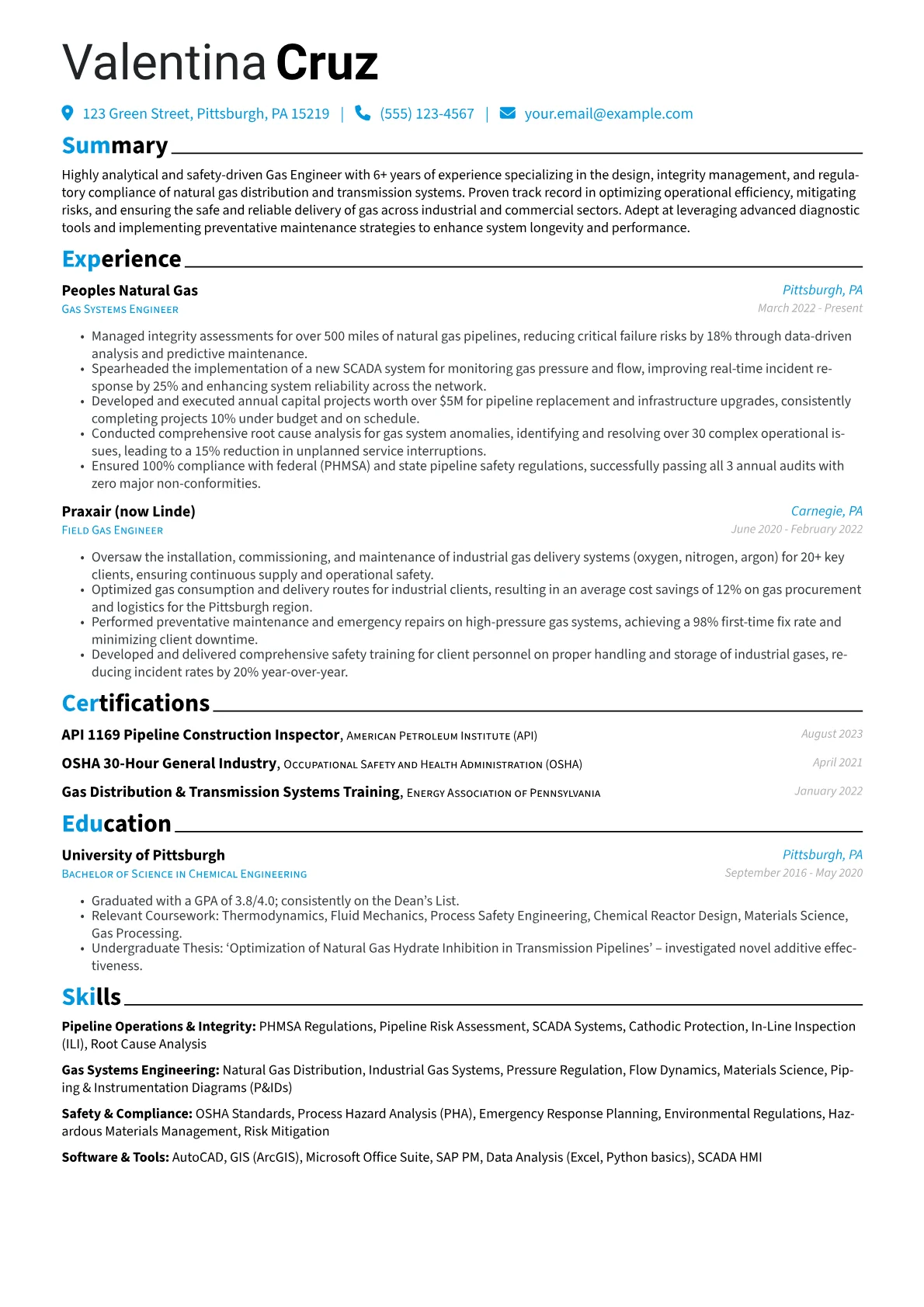 Gas Engineer resume example, Industrial & Pipeline, page 1