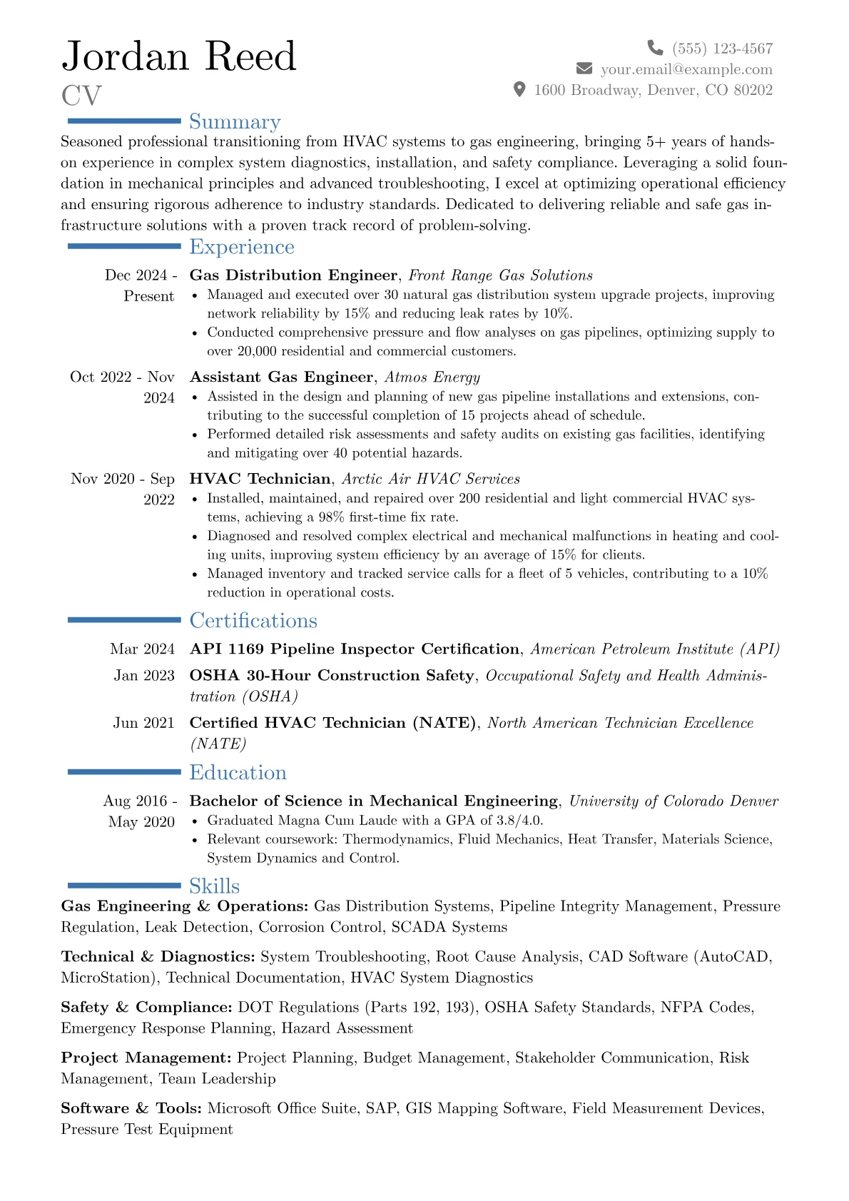 Gas Engineer resume example, Career changer, page 1