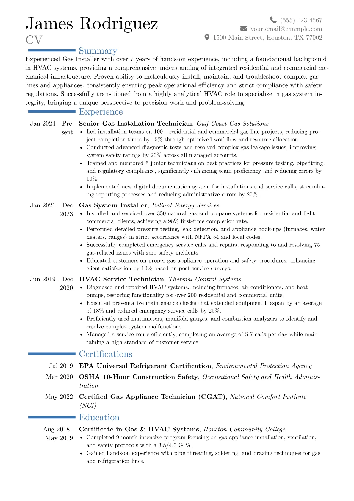 Gas Installer resume example, Career changer, page 1