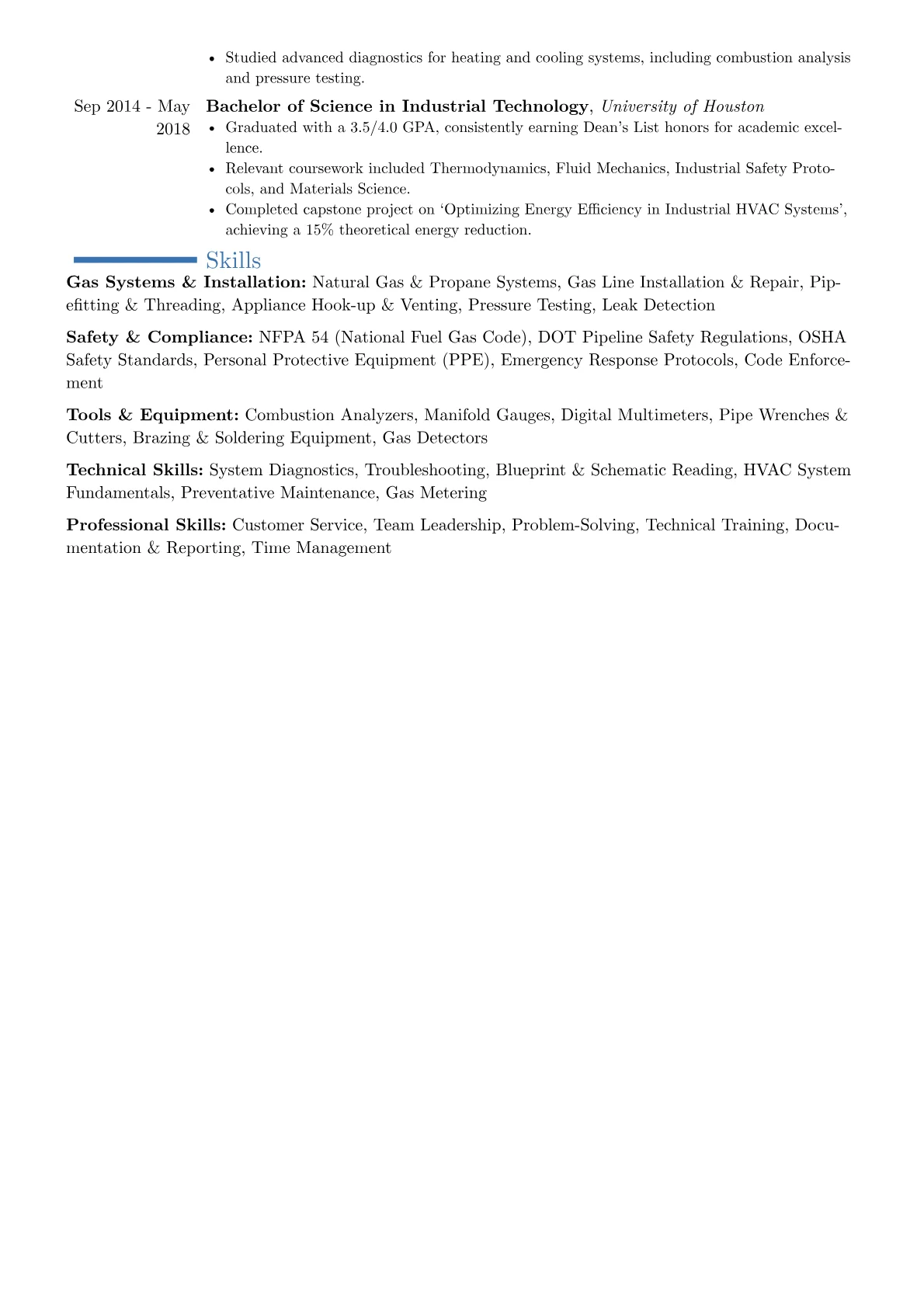 Gas Installer resume example, Career changer, page 2
