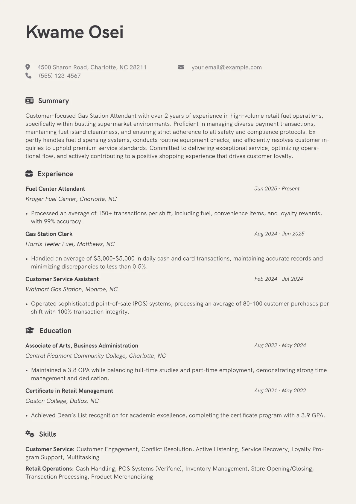 Gas Station Attendant resume example, Gas Station Attendant, page 1