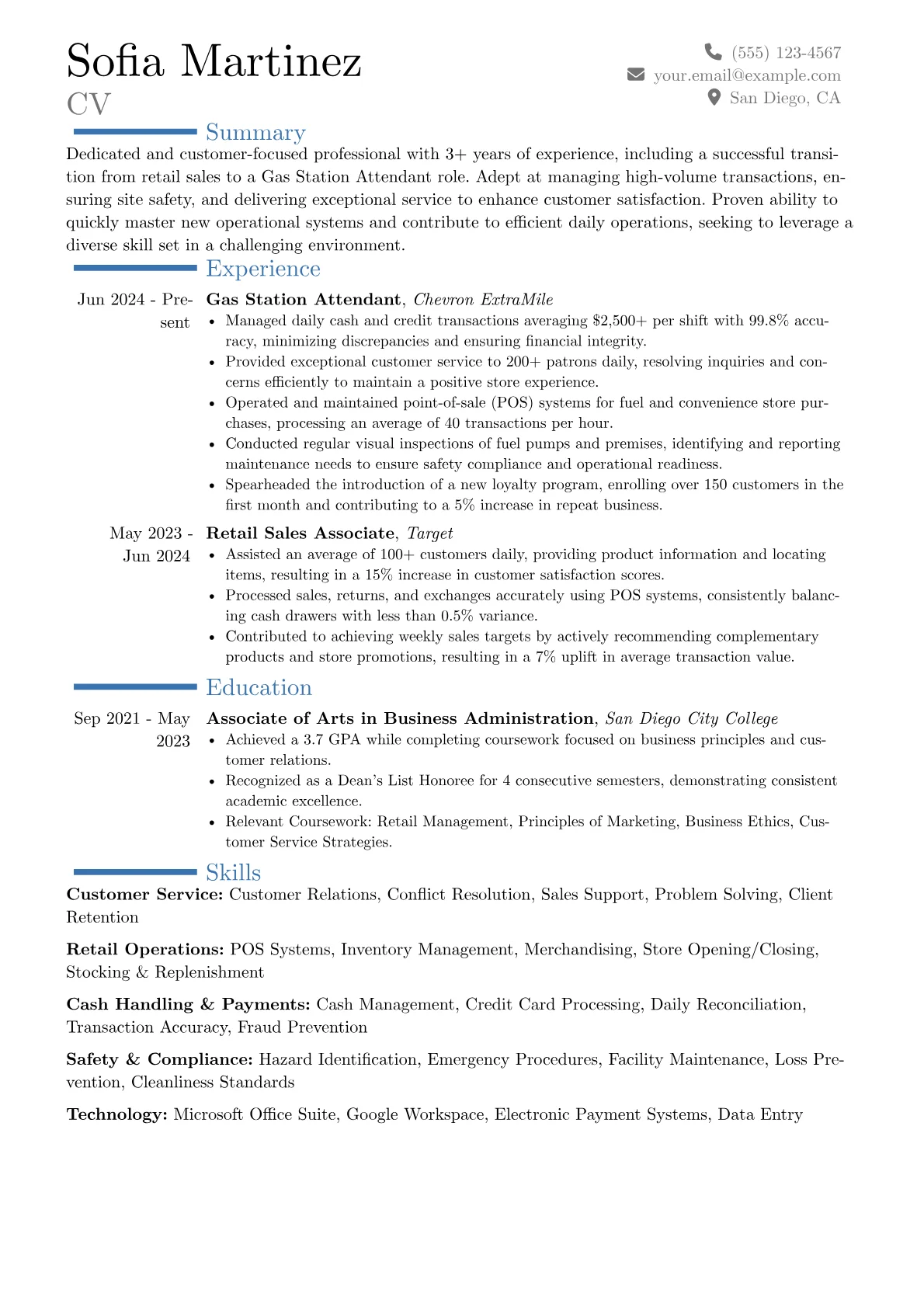 Gas Station Attendant resume example, Career changer, page 1