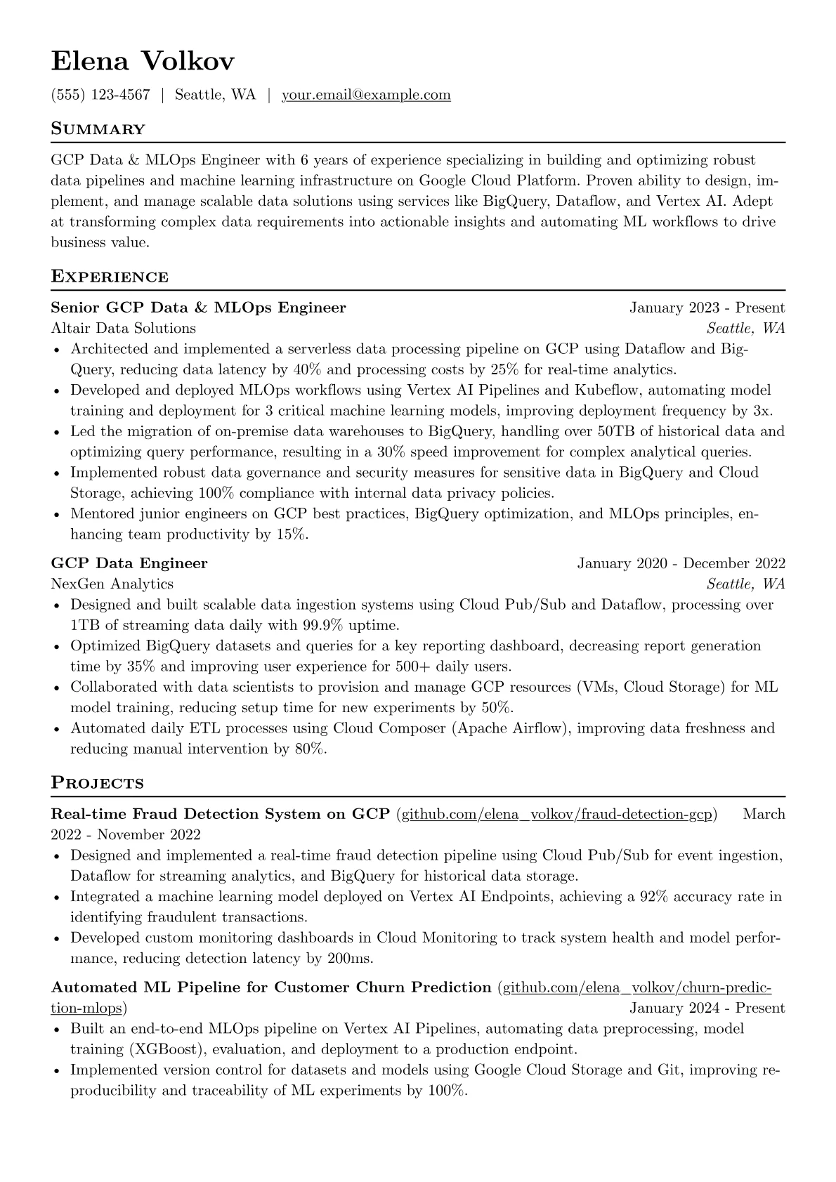 GCP Developer resume example, GCP Data & MLOps, page 1