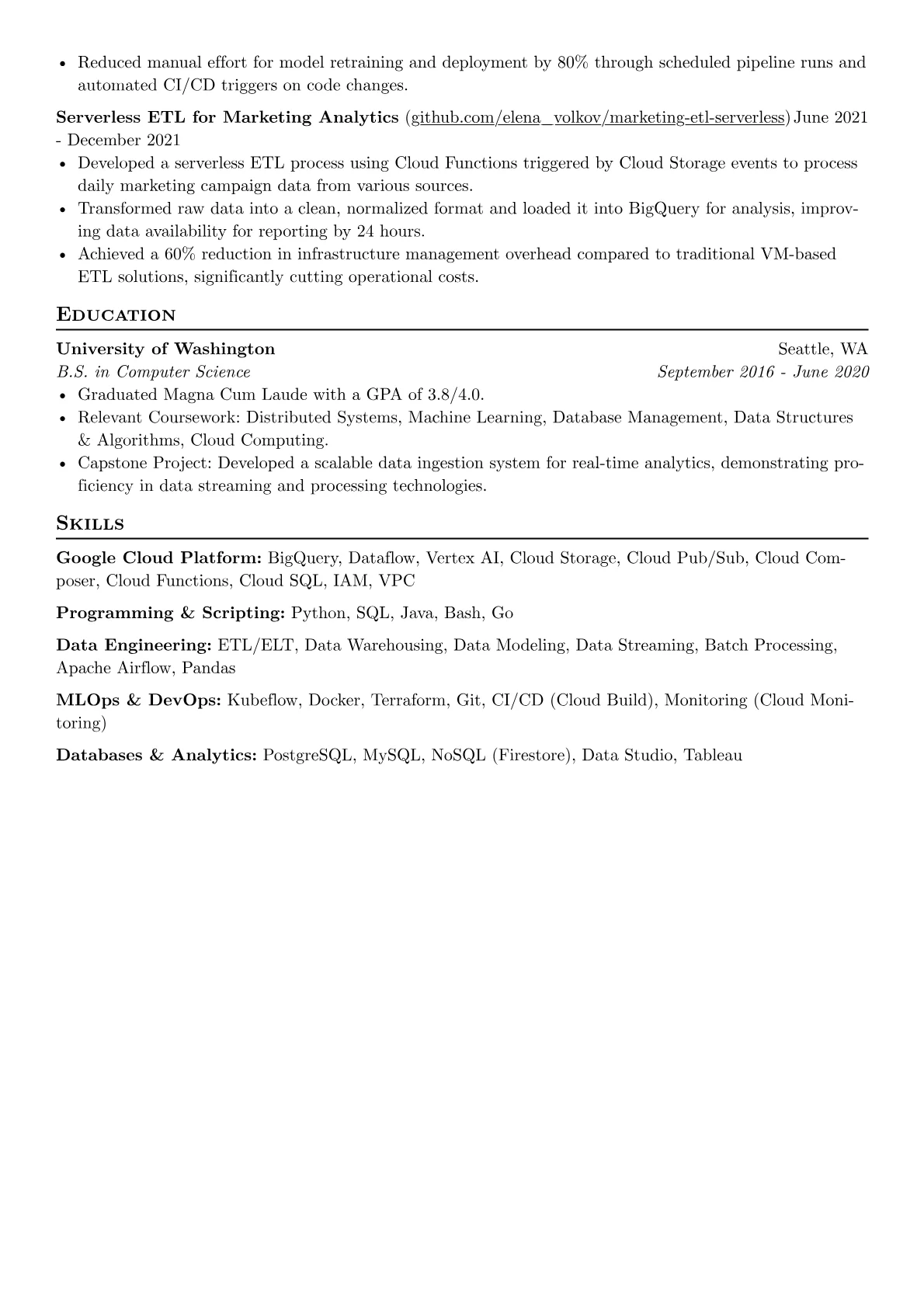GCP Developer resume example, GCP Data & MLOps, page 2