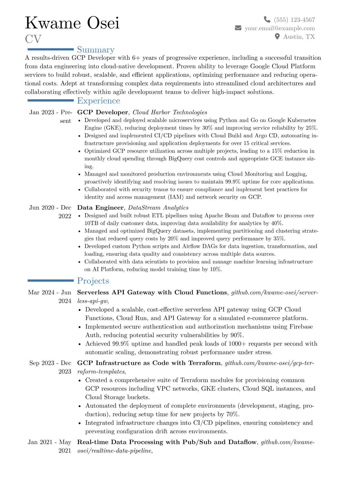 GCP Developer resume example, Career changer, page 1