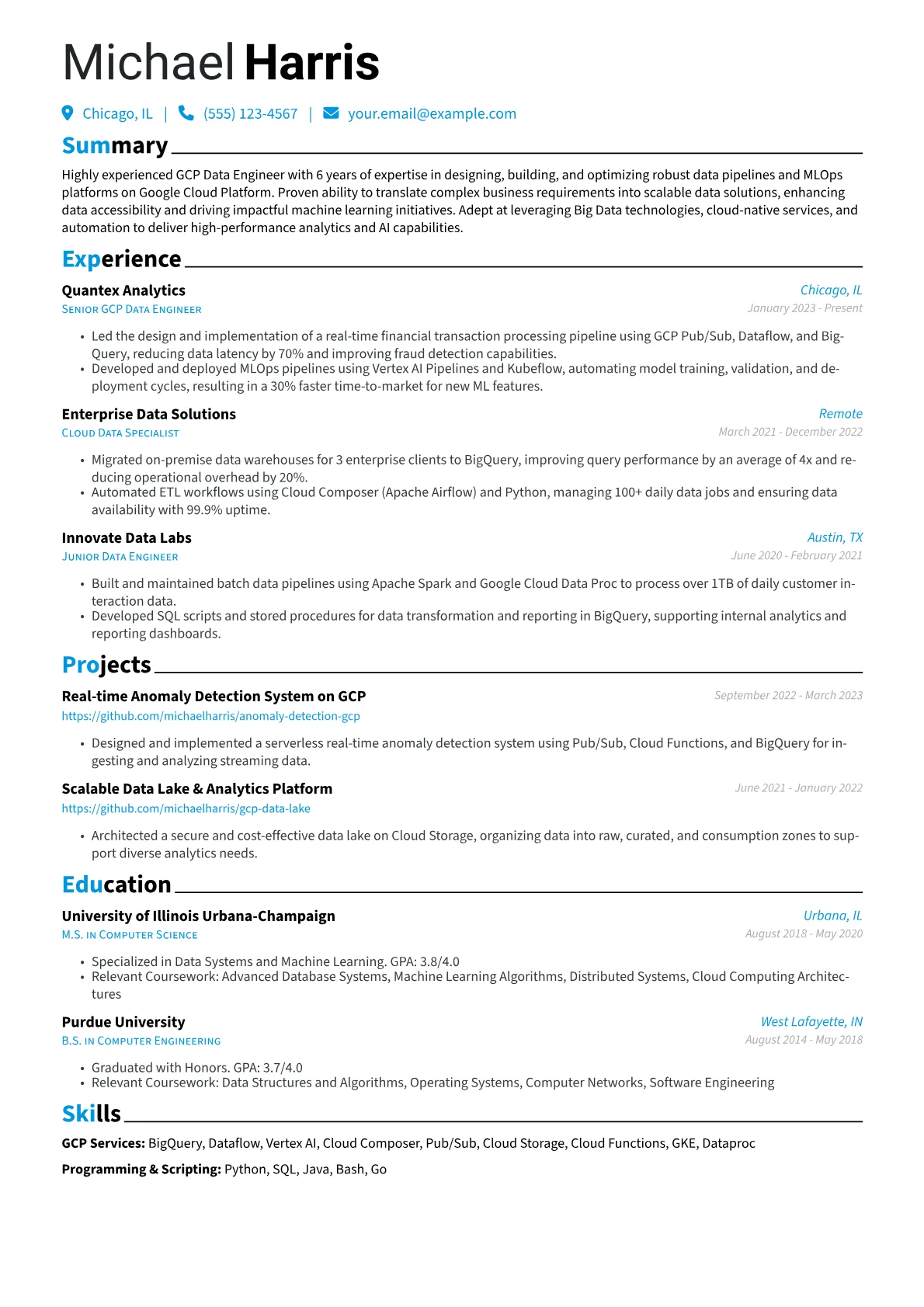 GCP Engineer resume example, GCP Data / MLOps Engineer, page 1