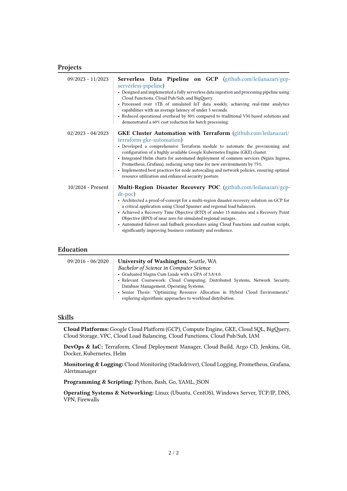 GCP Engineer resume example, Career changer, page 2
