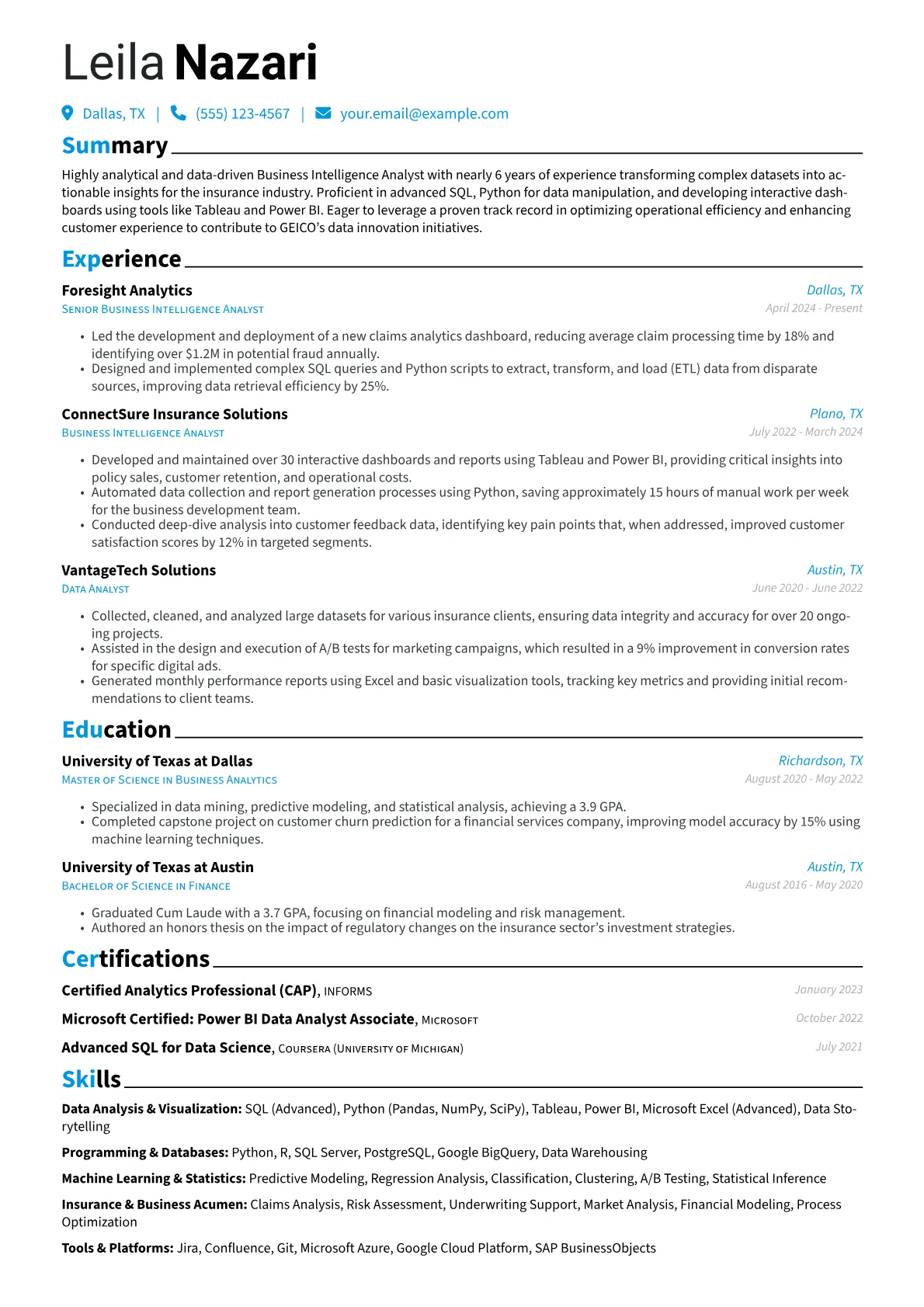 GEICO resume example, Data Analyst, page 1