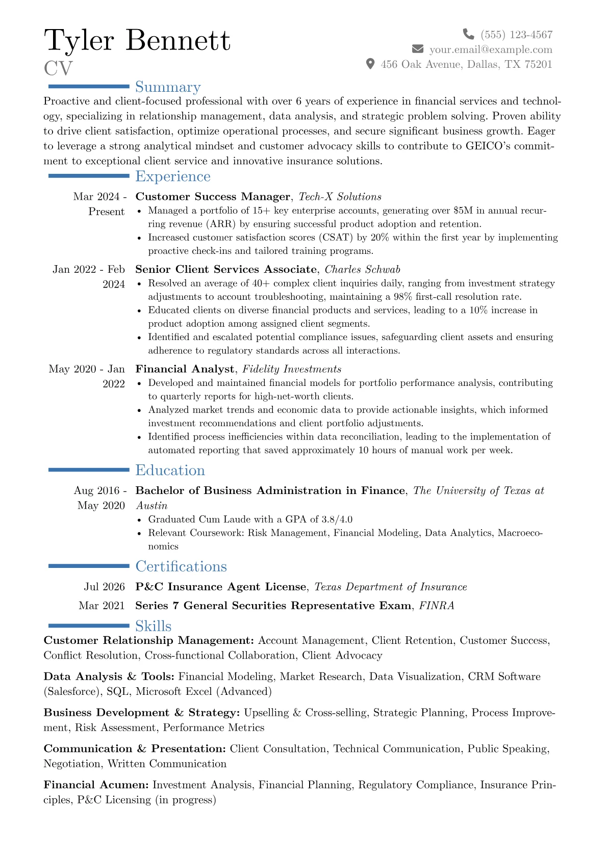 GEICO resume example, Career changer, page 1