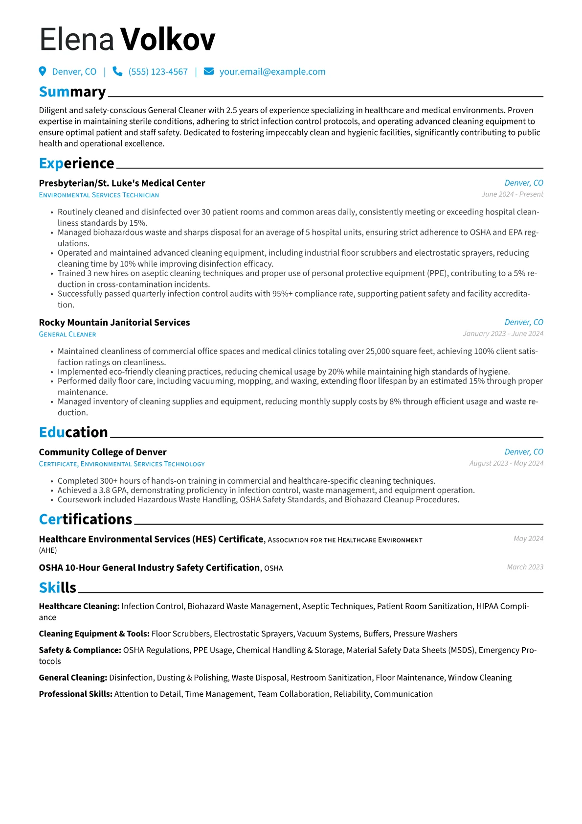 General Cleaner resume example, General Cleaner, page 1
