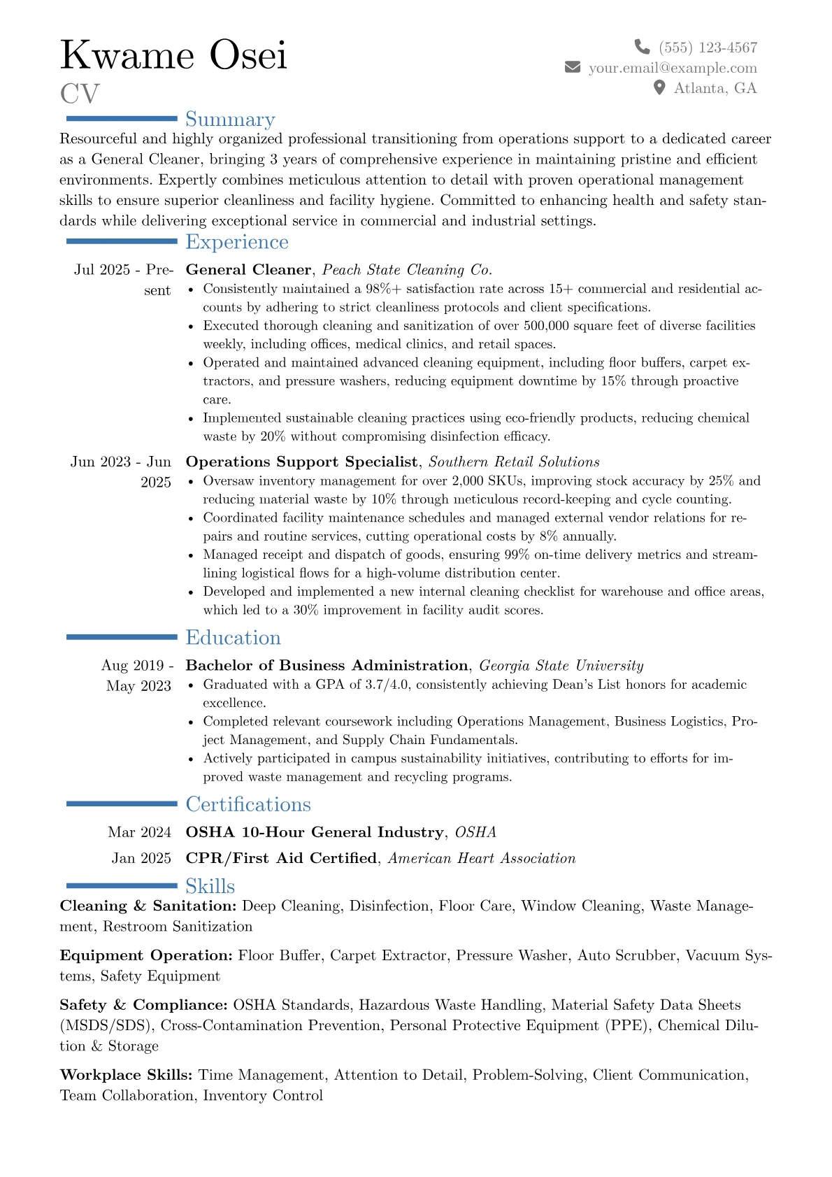 General Cleaner resume example, Career changer, page 1