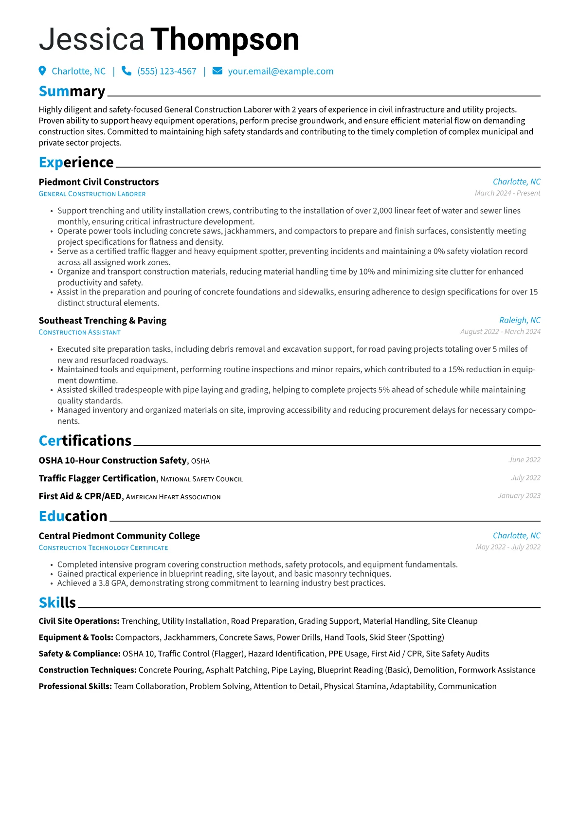 General Construction Laborer resume example, Civil Infrastructure, page 1