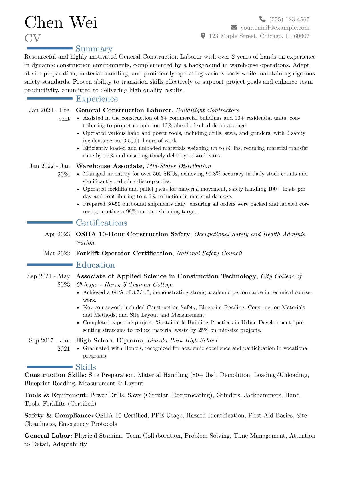 General Construction Laborer resume example, Career changer, page 1