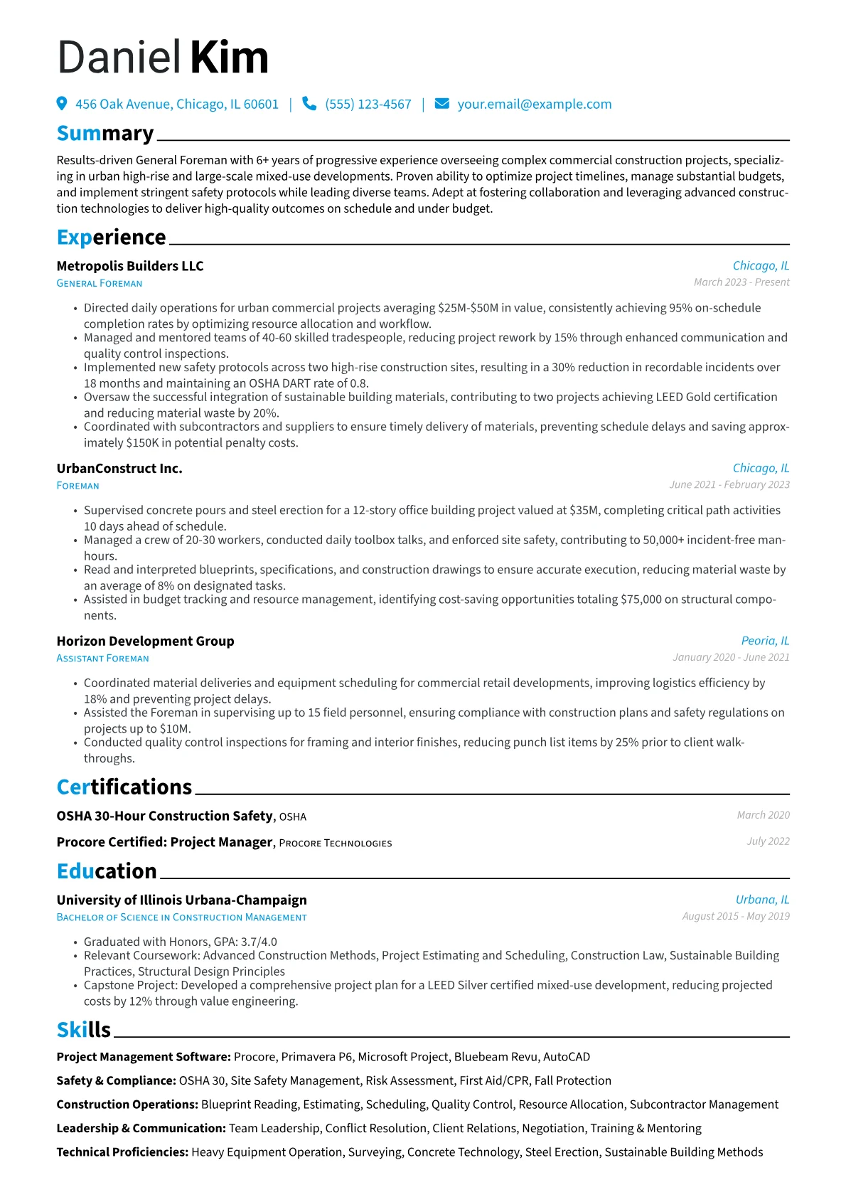 General Foreman resume example, Commercial Construction, page 1