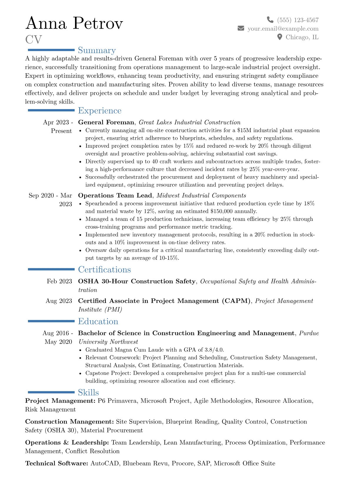 General Foreman resume example, Career changer, page 1