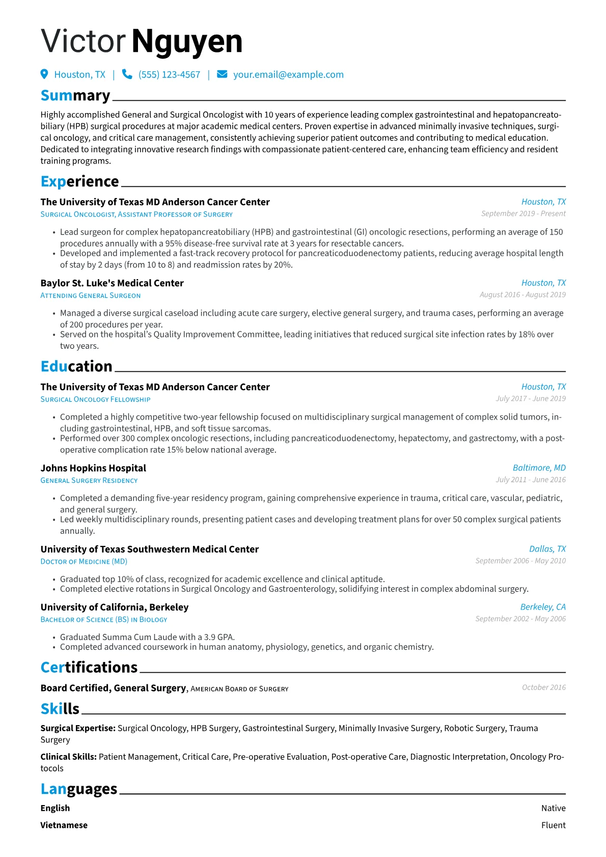 General Surgeon resume example, Surgical Oncology, page 1