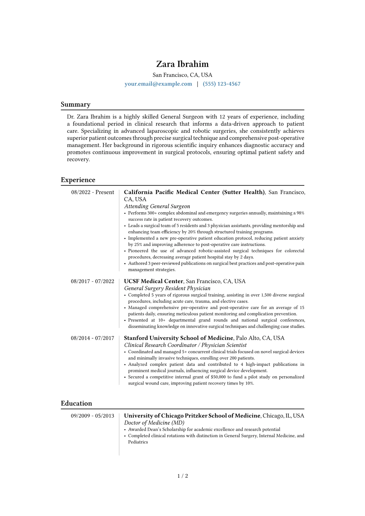 General Surgeon resume example, Career changer, page 1