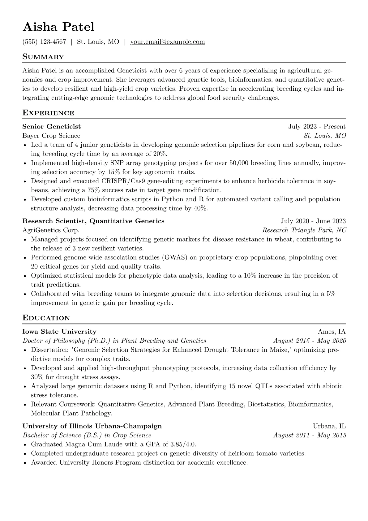 Geneticist resume example, Agricultural Geneticist, page 1