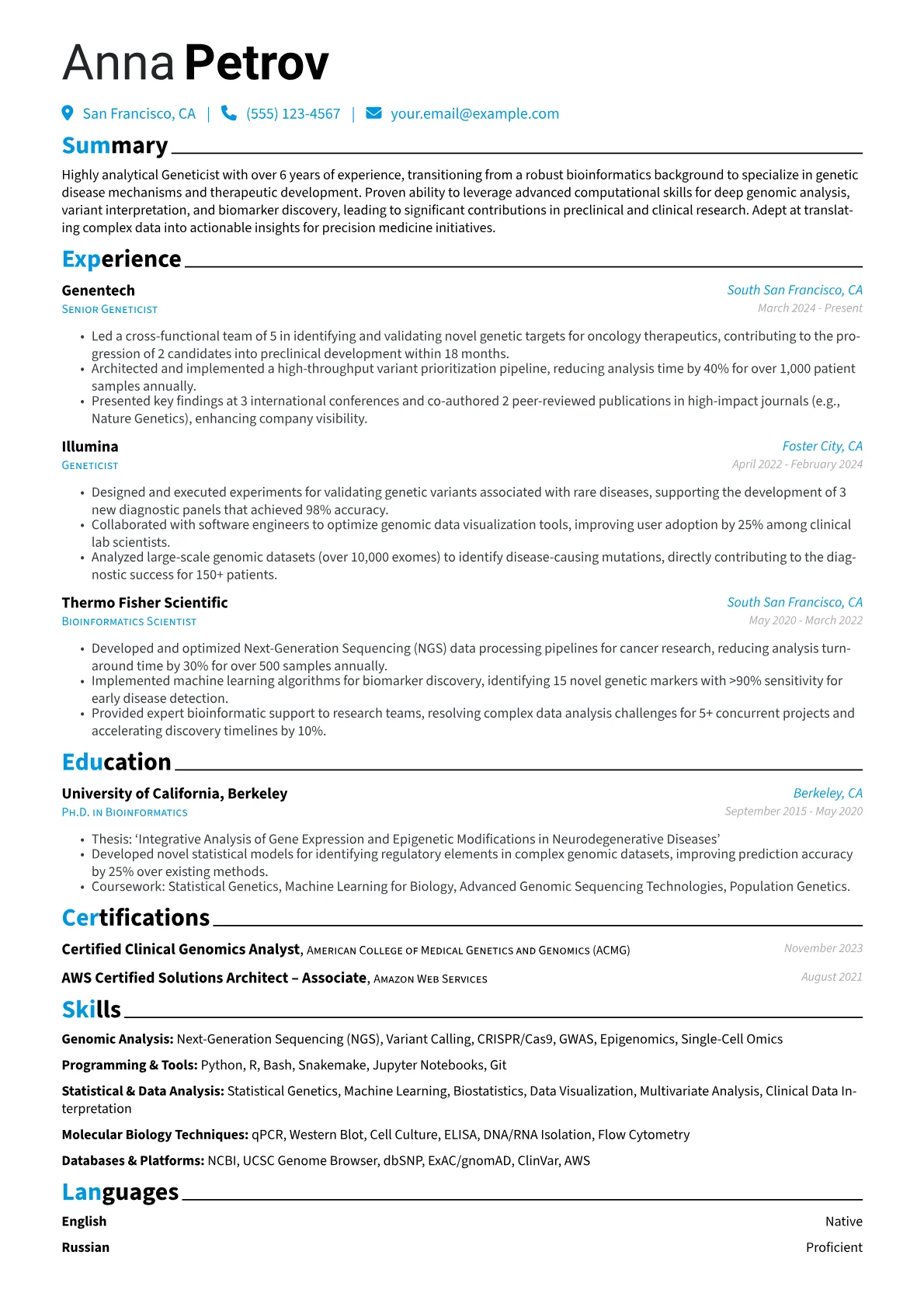 Geneticist resume example, Career changer, page 1