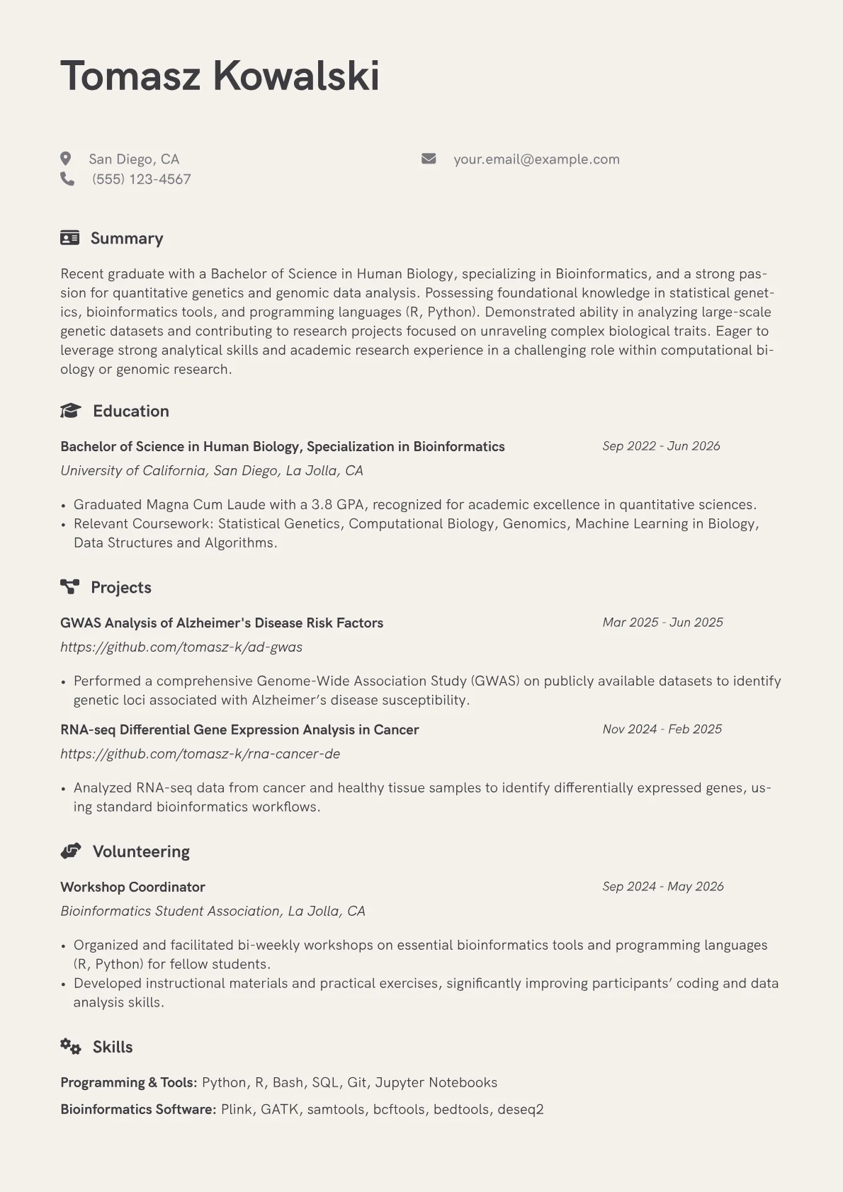 Genetics Student resume example, Computational Genomics, page 1