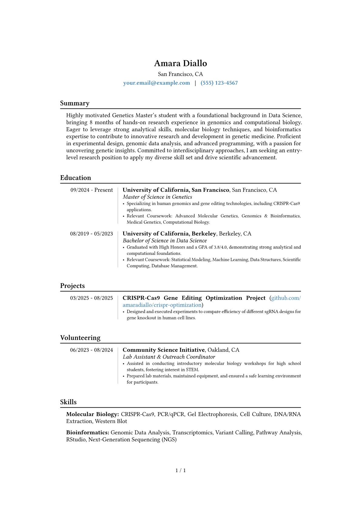 Genetics Student resume example, Career changer, page 1