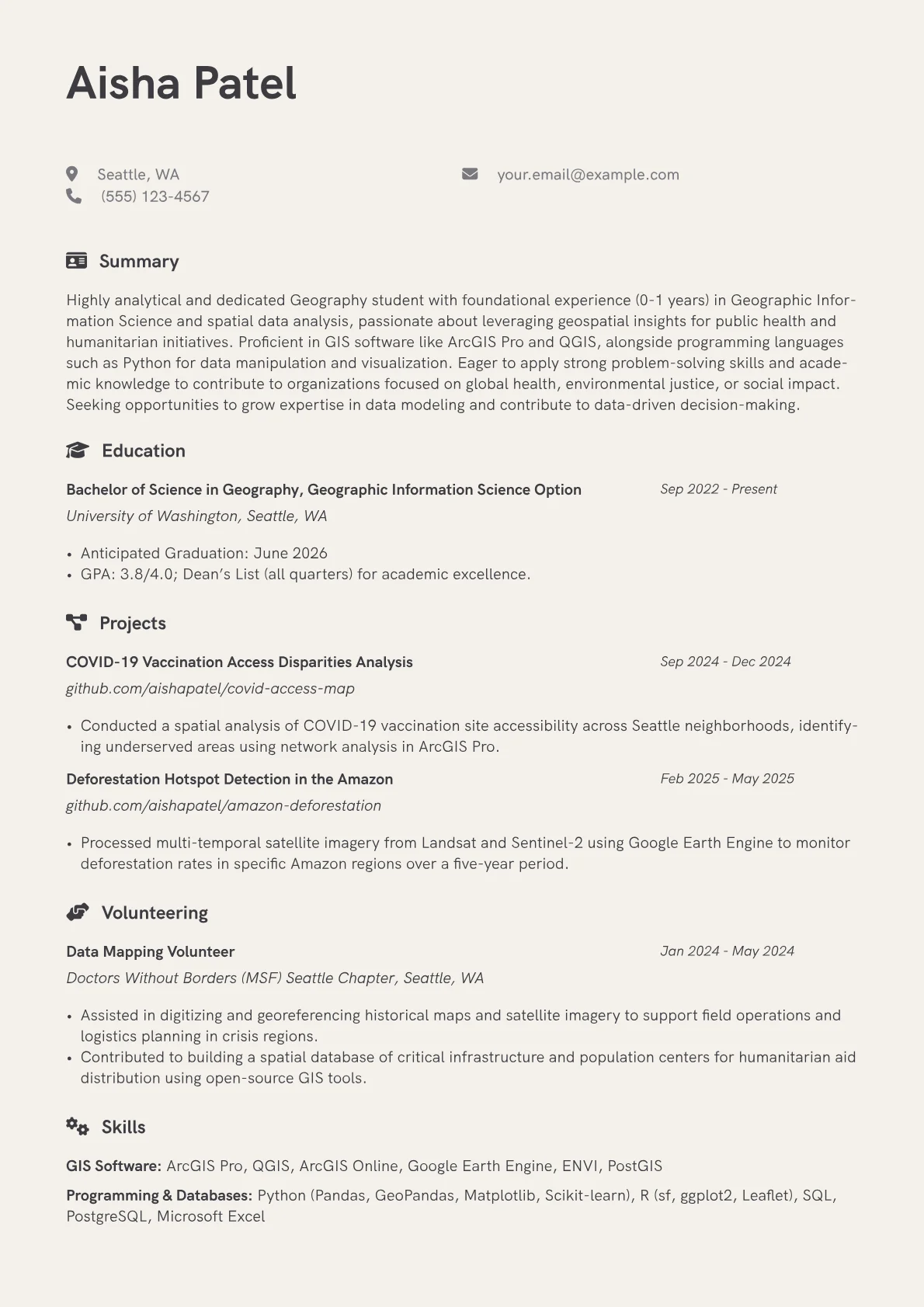 Geography Student resume example, Geography Student - GIS, page 1