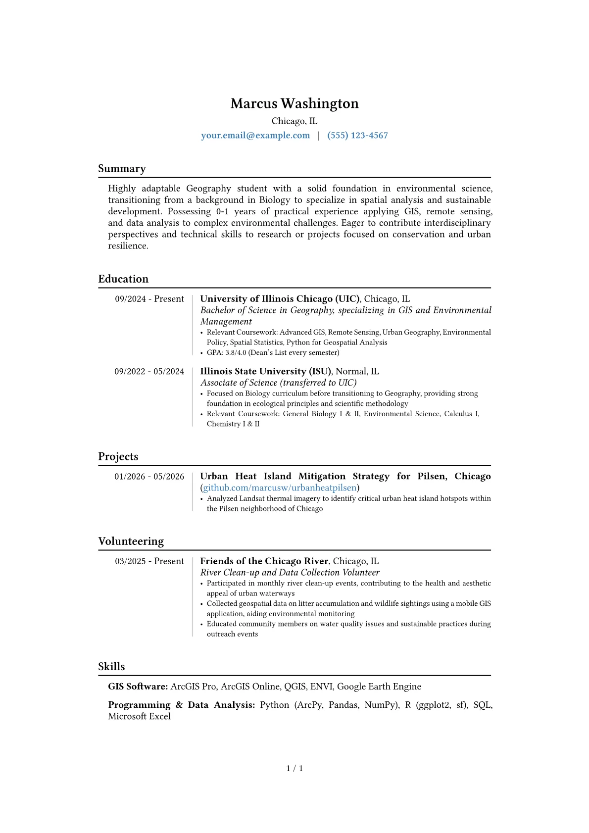 Geography Student resume example, Career changer, page 1