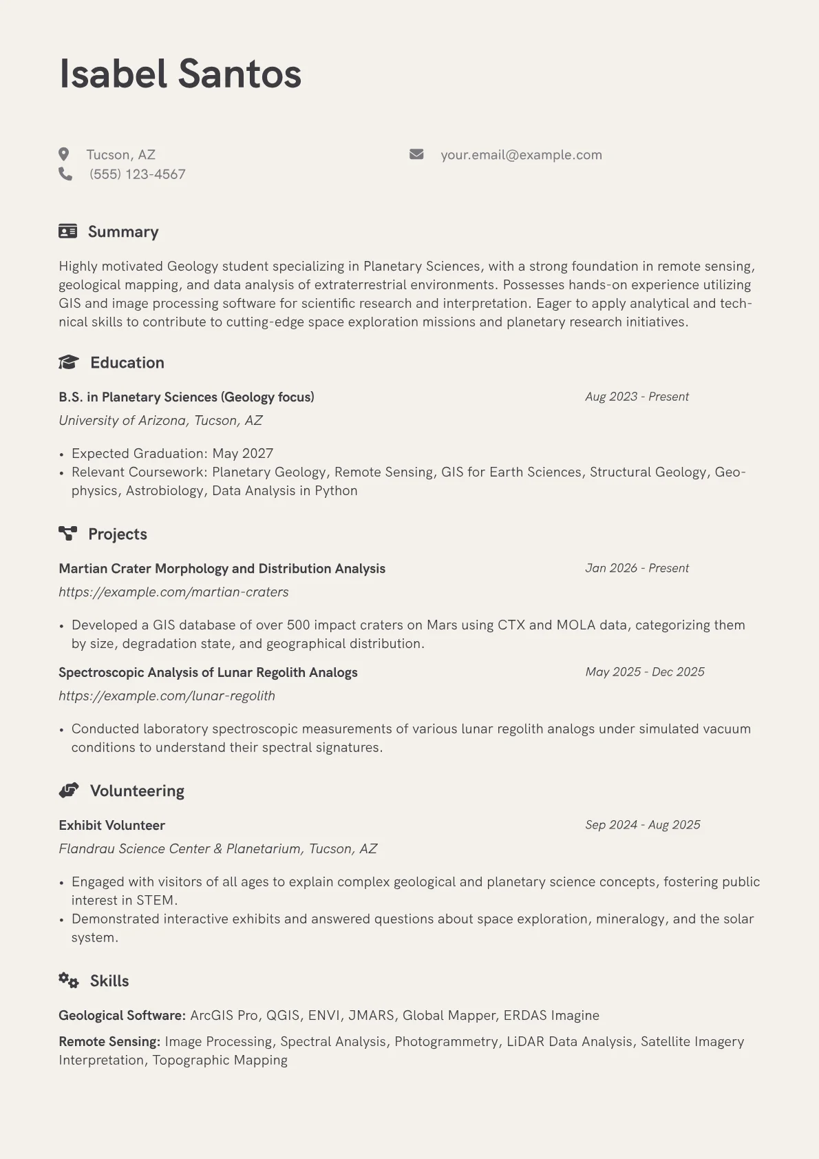 Geology Student resume example, Planetary Geology Student, page 1