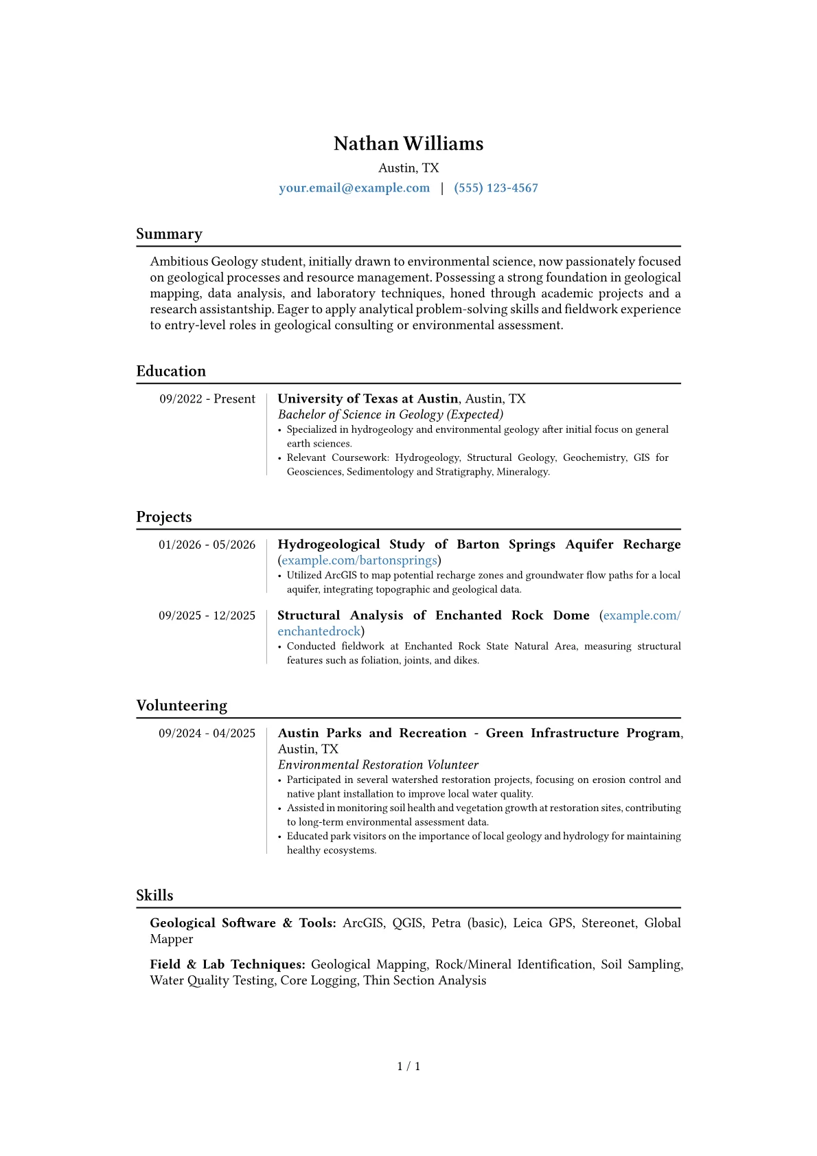Geology Student resume example, Career changer, page 1