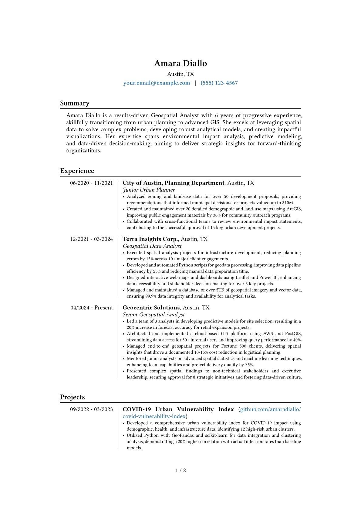 Geospatial Analyst resume example, Career changer, page 1