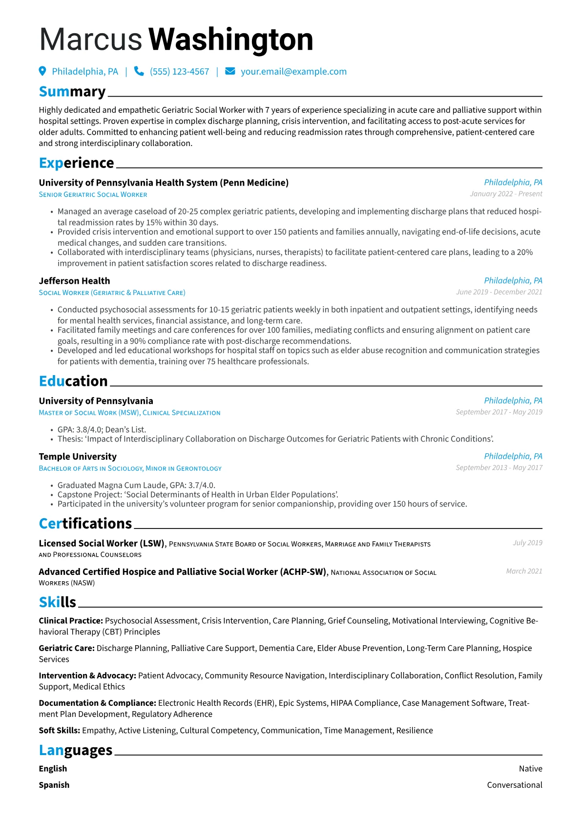 Geriatric Social Worker resume example, Hospital-Based Geriatric, page 1
