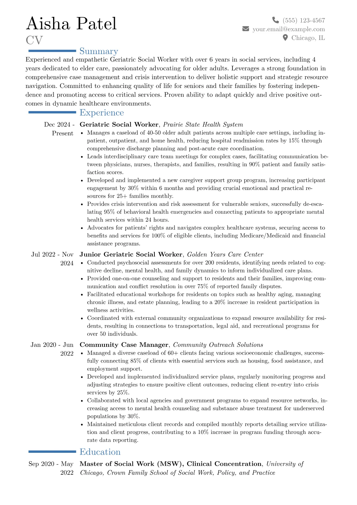 Geriatric Social Worker resume example, Career changer, page 1