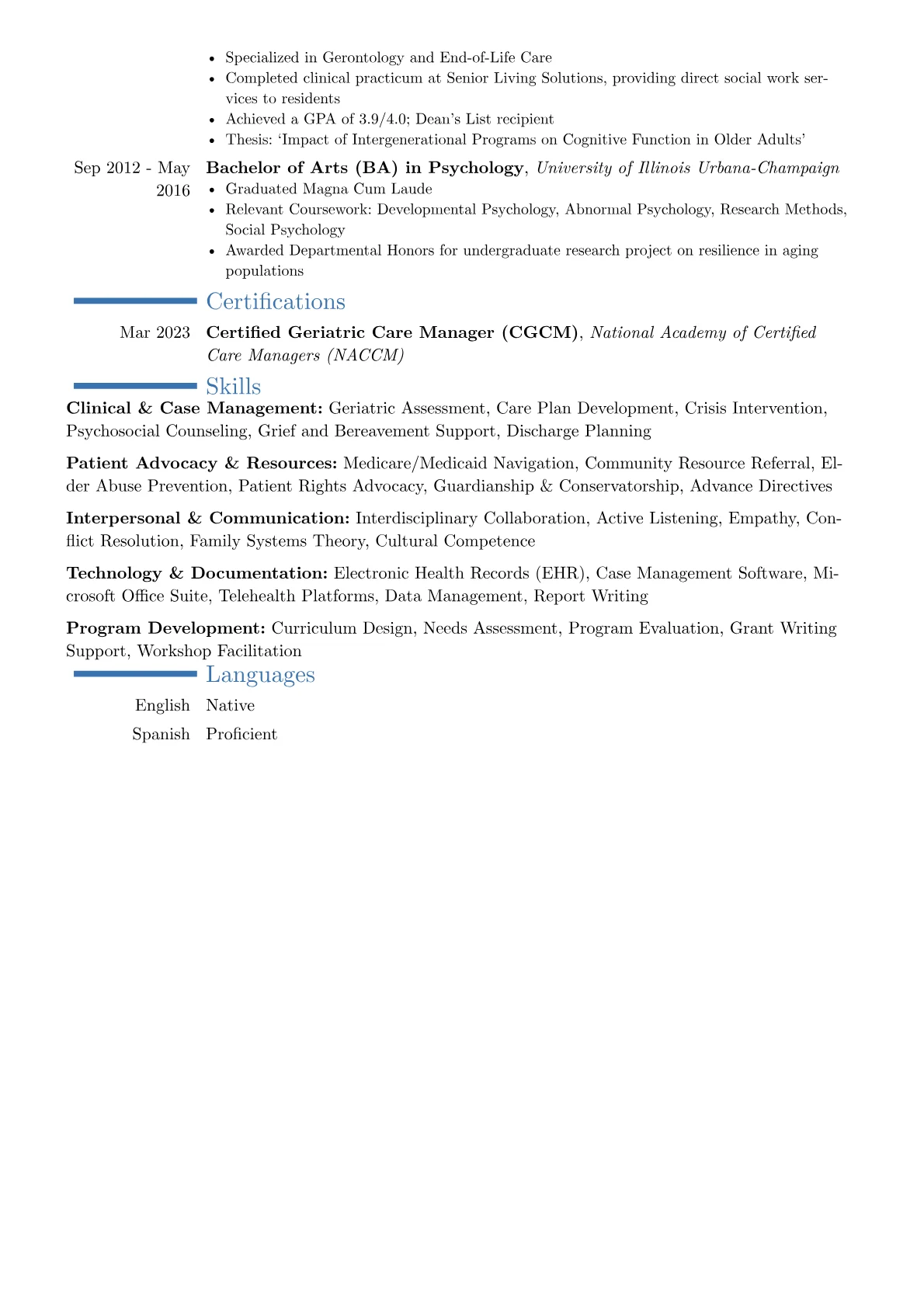 Geriatric Social Worker resume example, Career changer, page 2