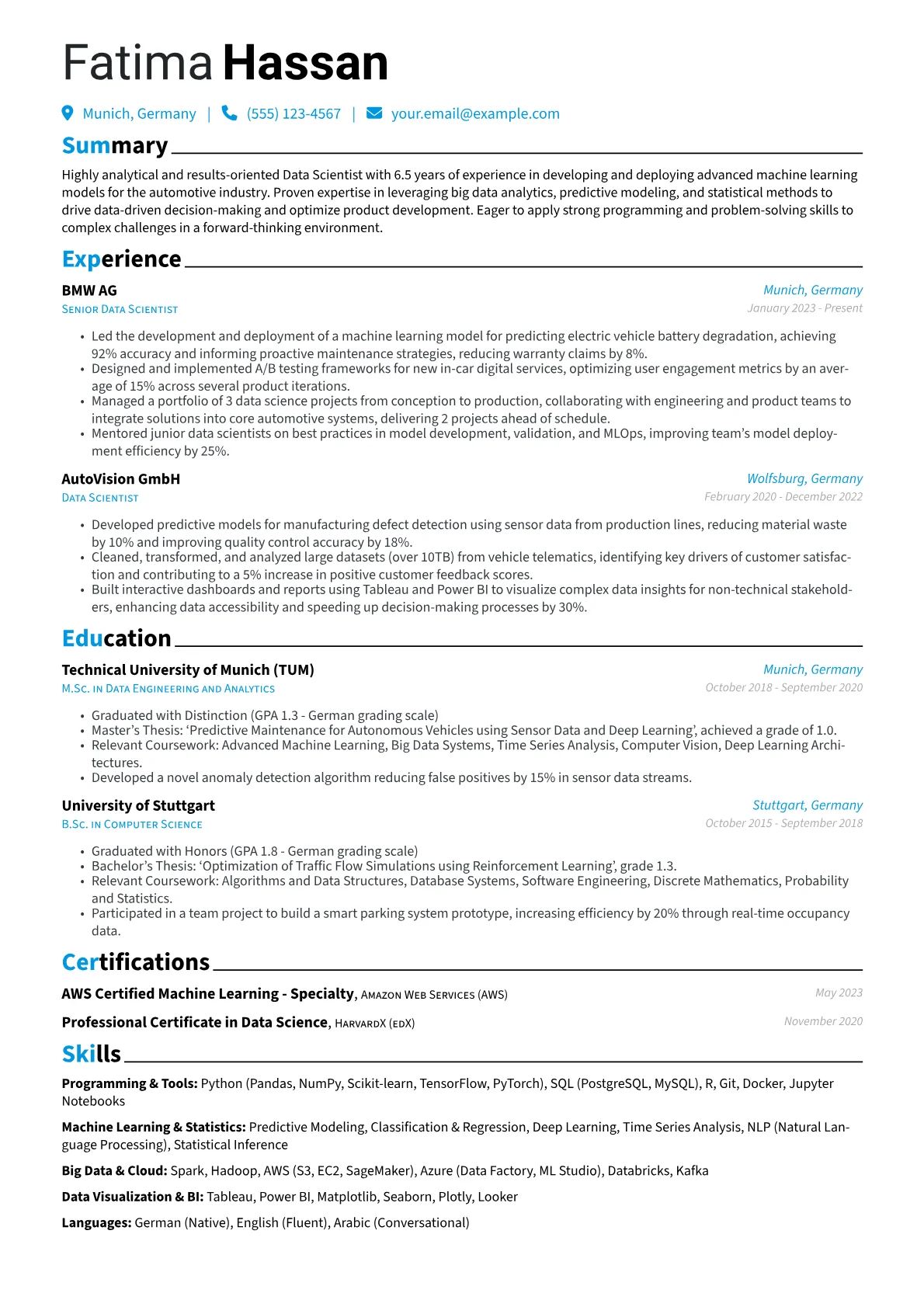 German CV in English Example resume example, German CV in English, page 1