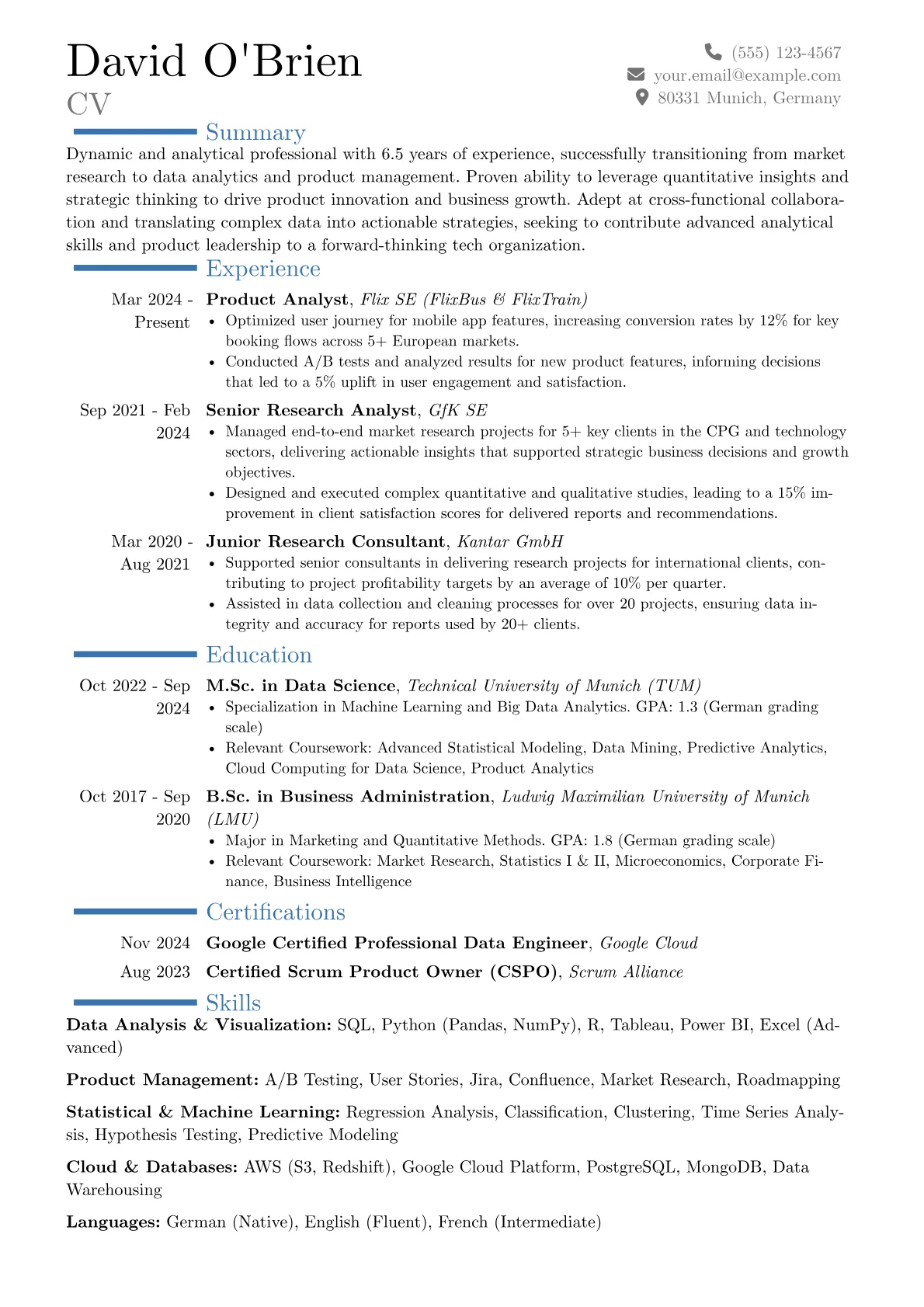 German CV in English Example resume example, Career changer, page 1