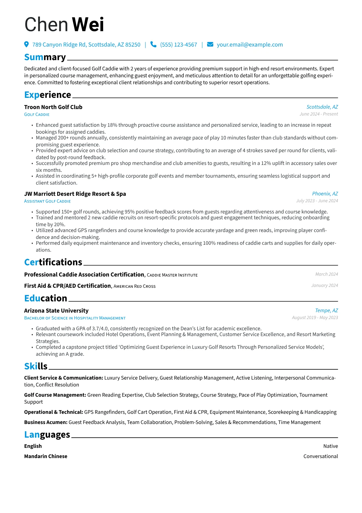 Golf Caddie resume example, Luxury Resort Caddie, page 1