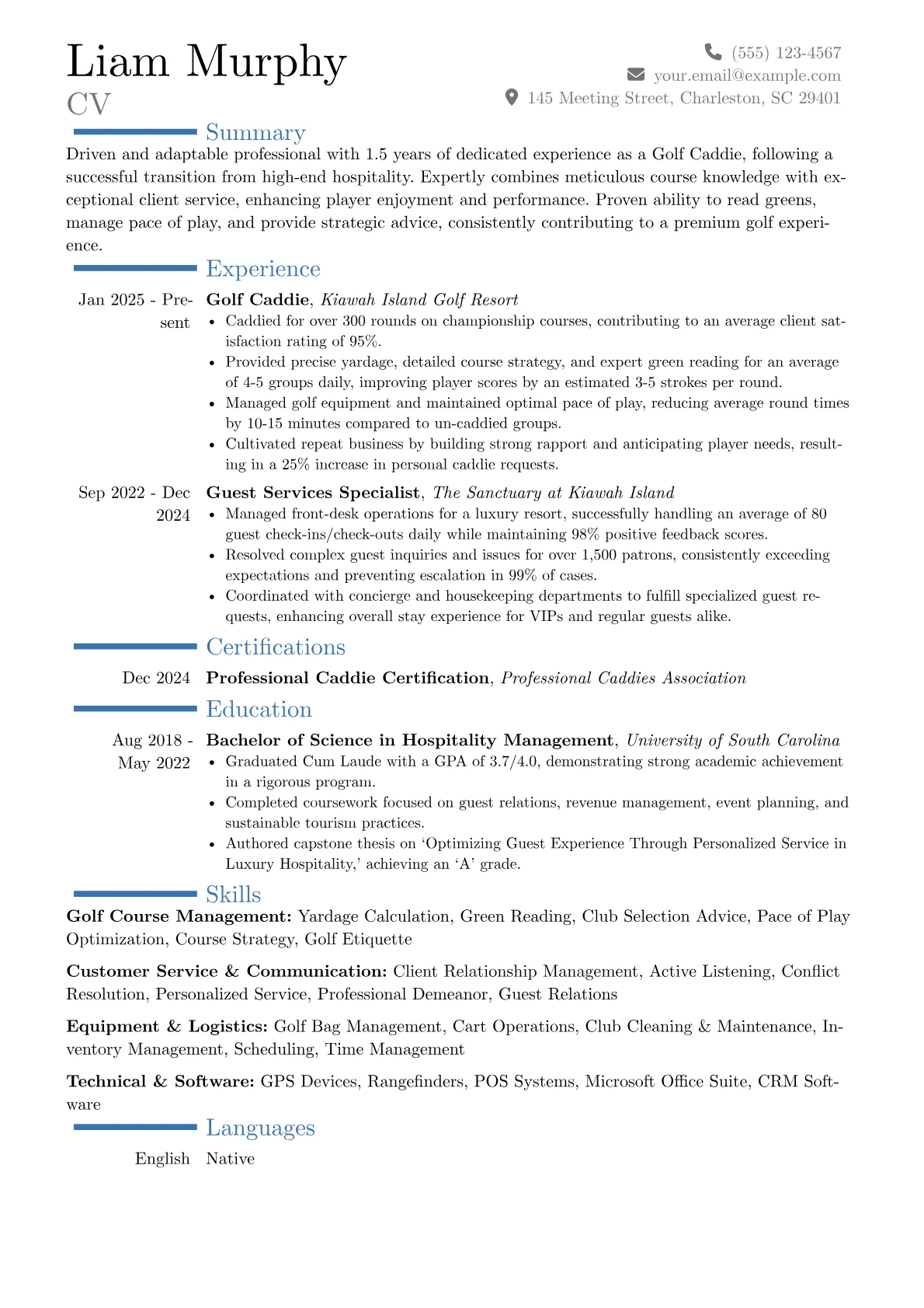 Golf Caddie resume example, Career changer, page 1