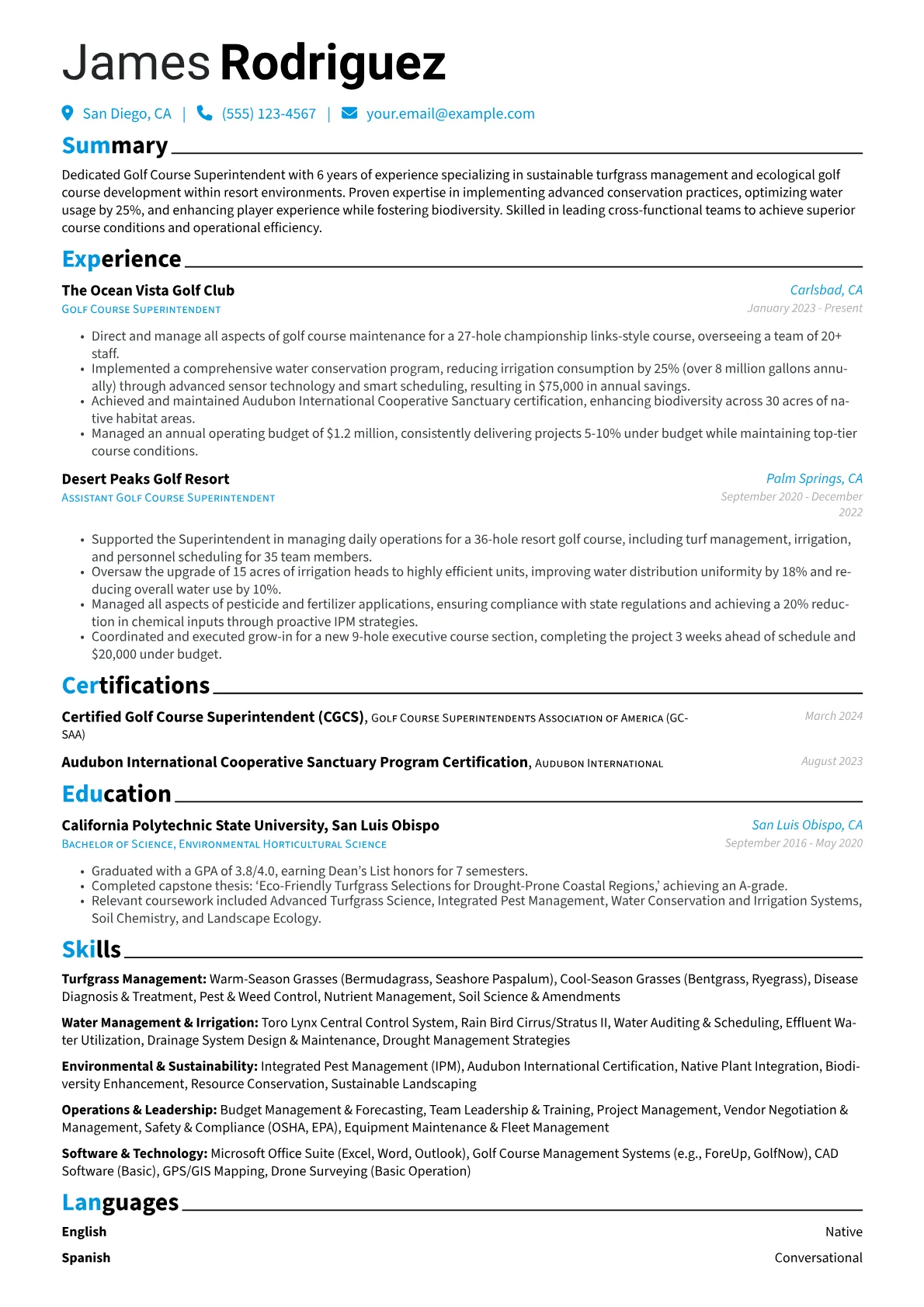 Golf Course Superintendent resume example, Turfgrass Management, page 1