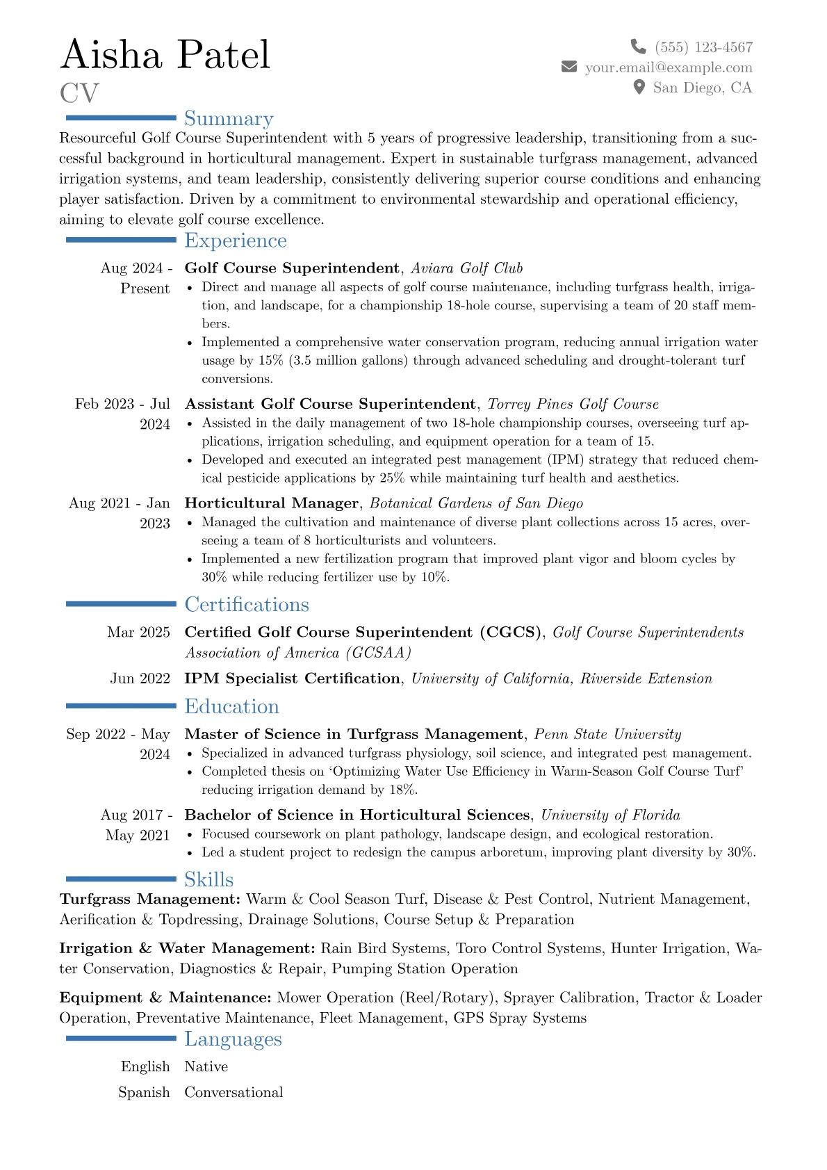Golf Course Superintendent resume example, Career changer, page 1
