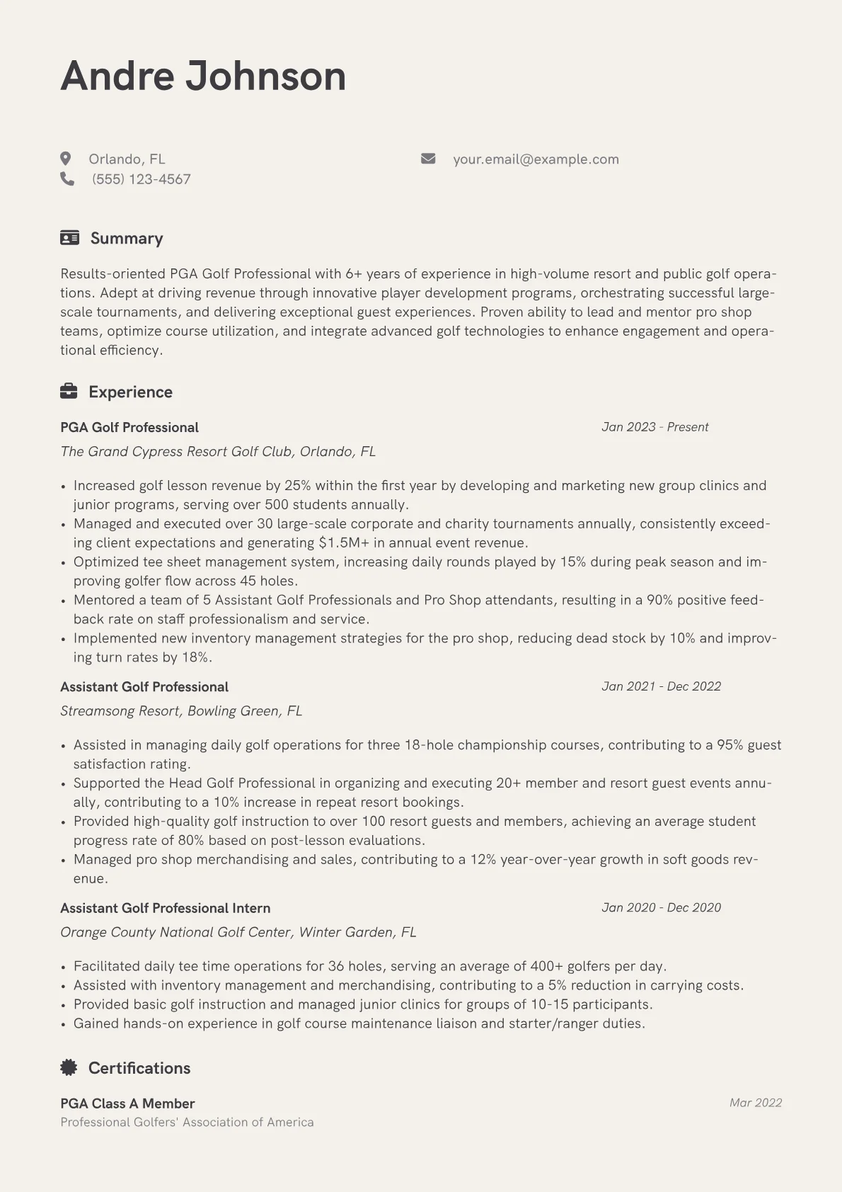 Golf Professional resume example, Resort Operations, page 1