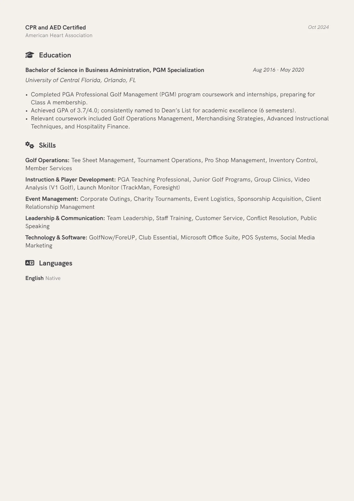 Golf Professional resume example, Resort Operations, page 2