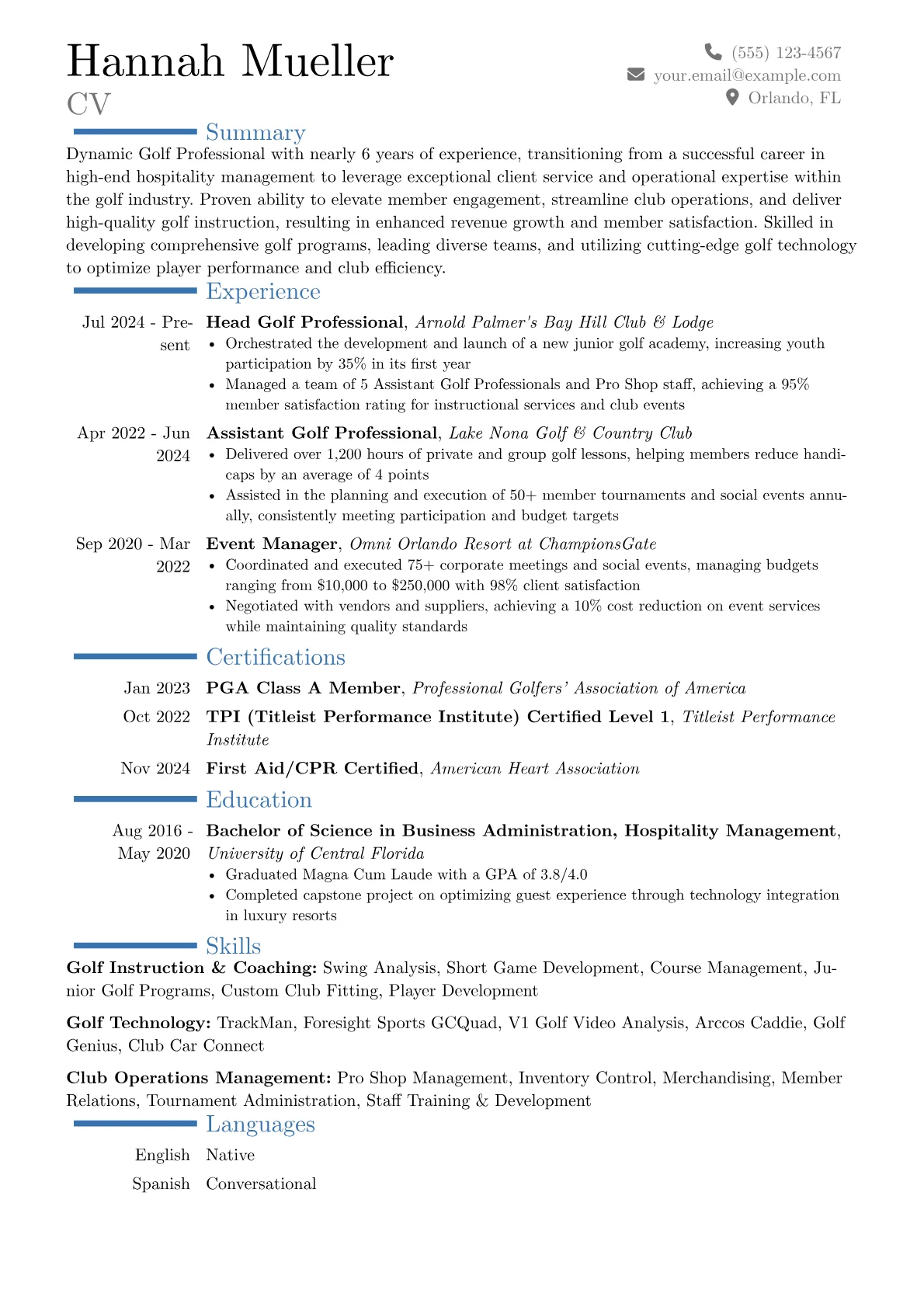 Golf Professional resume example, Career changer, page 1