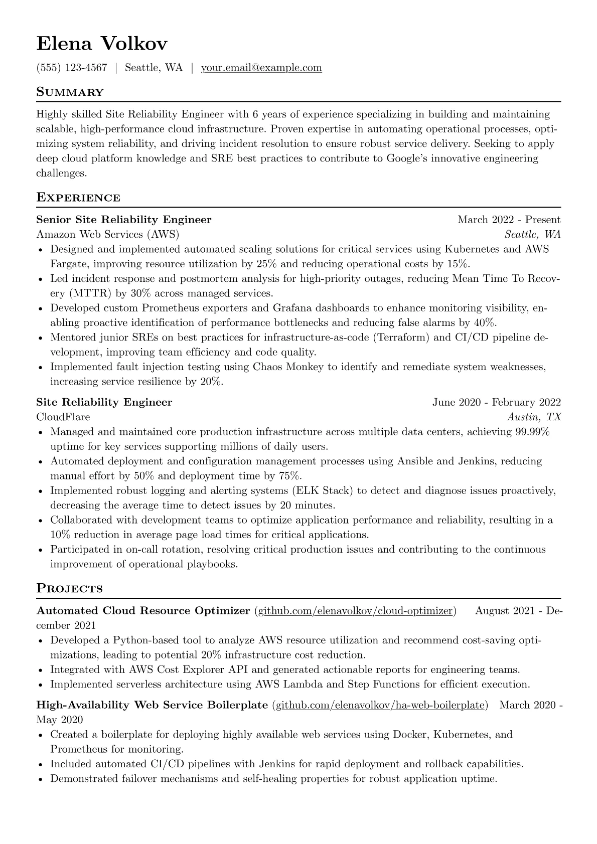 Google resume example, Cloud Platforms, page 1