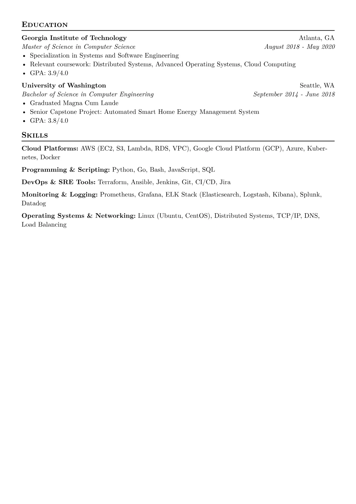 Google resume example, Cloud Platforms, page 2