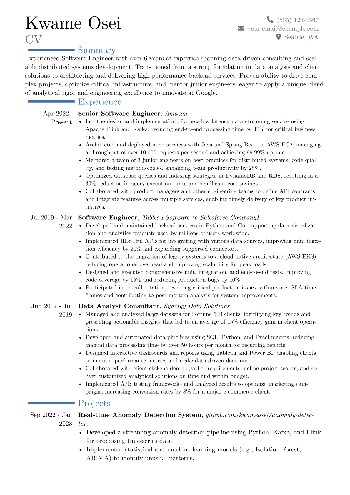 Google resume example, Career changer, page 1